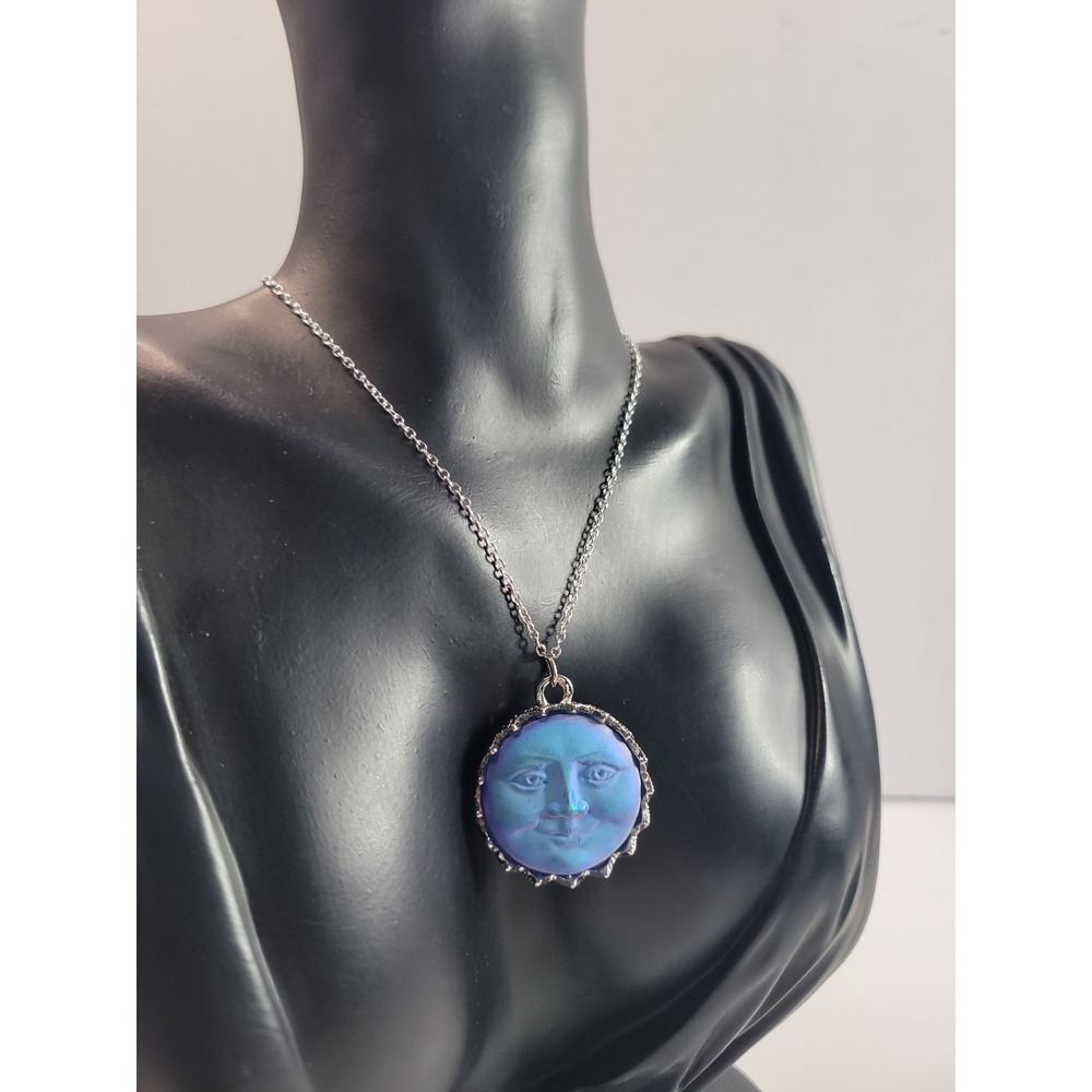 Blue Iridescent Moon Face Pendant Necklace Silver Tone Celestial Boho Jewelry